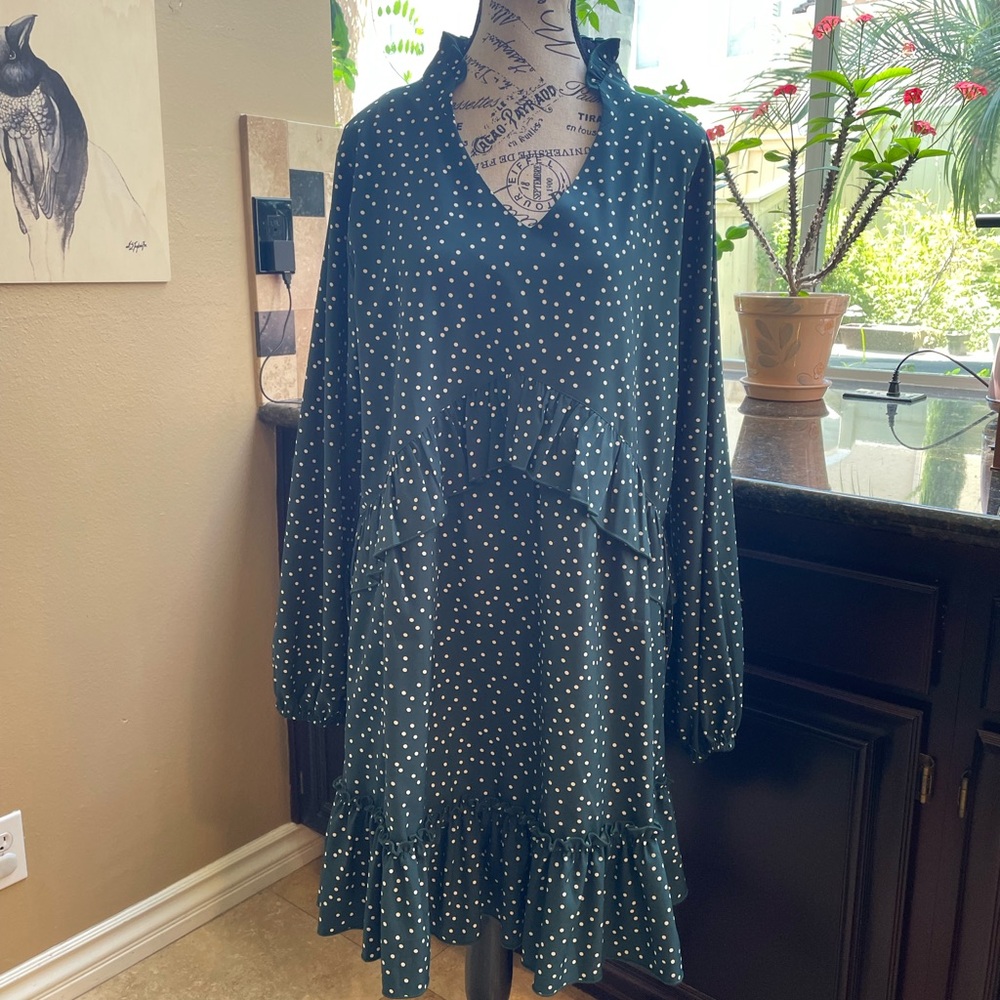 NWOT - Green V-Neck Dress with Ruffles and White Polka Dots